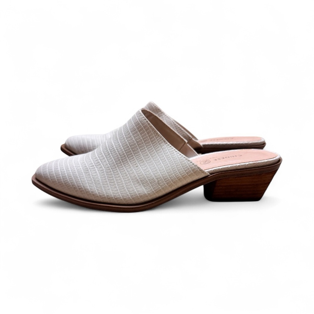Chinese Laundry Women’s Mules Heels Beige Faux Lizard Pointed Toe Slip On